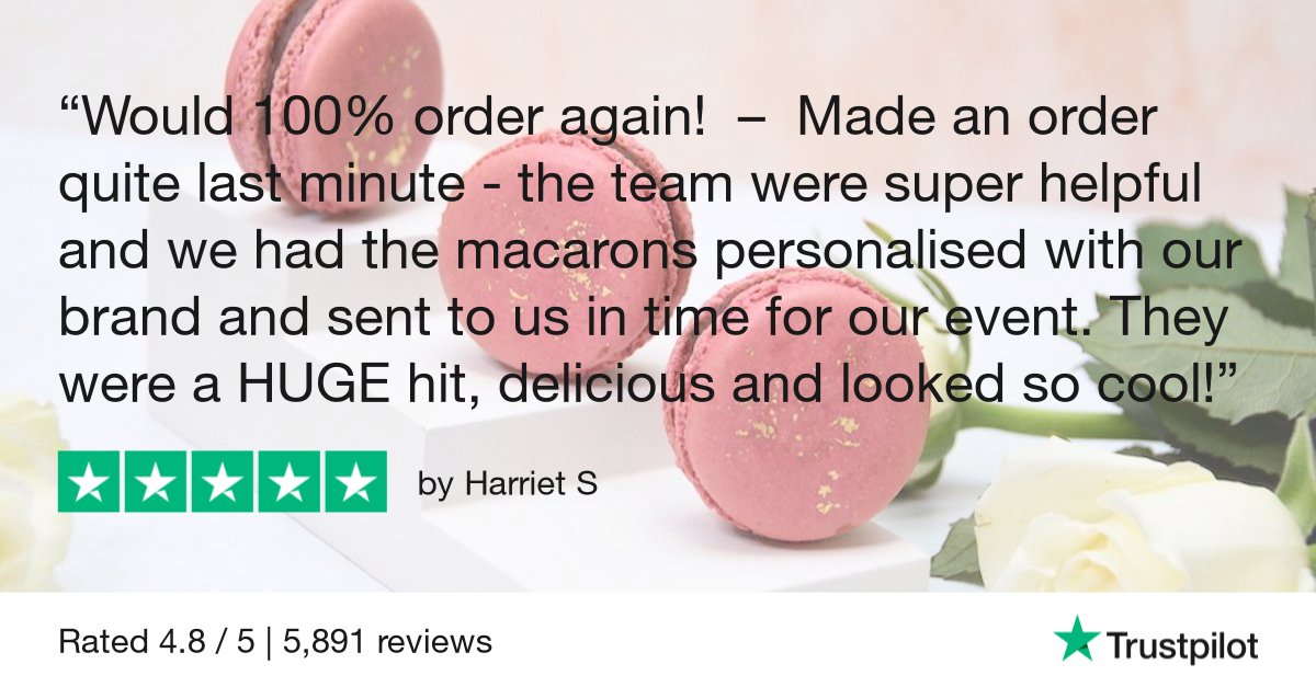 Did you know we're on TrustPilot? We've worked so hard to ensure our team are ready to respond professionally and quickly to meet the needs of our customers. Our printed macarons are often a last minute addition for events but do deliver on impact as shown by this recent review.