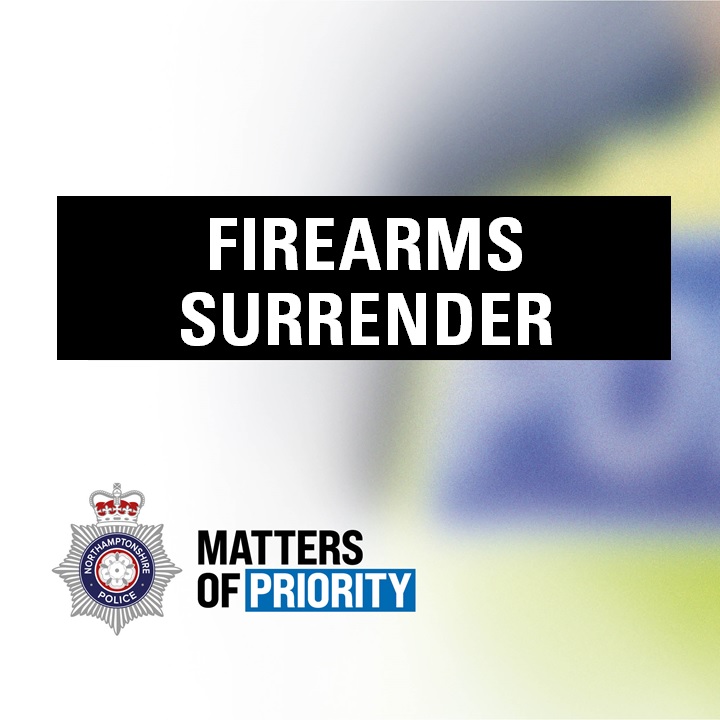 NorthantsPolice's tweet photo. A firearms surrender is taking place this week.
Firearms and ammunition can be given up by calling 101 and making an appointment for collection.
If you have information about gun crime, call police on 101 or Crimestoppers anonymously on 0800 555 111
#MattersOfPriority https://t.co/dhXEh99qRs