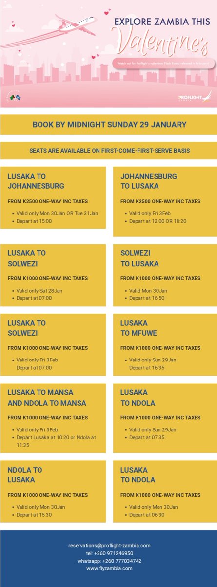 proflightzambia's tweet photo. TW FLASH FARES ALERT! π¨
#Soar with #ProflightZambia #FlashFares
Book online at https://t.co/koukLGQ6sW or via:
reservations@proflight-zambia.com
πΏπ² +260 971 246950/ +260 211 252476
πΏπ¦ +27 (0) 87 138 5203
WhatsApp +260 777 034 742
Last booking day Sun 29th January!
#PlaneSmart https://t.co/6wG5czx13c