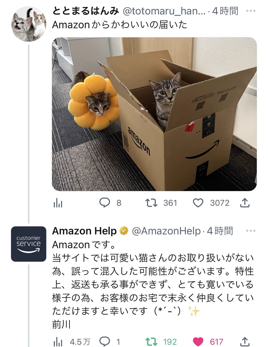 Amazonについてツイートしたら、公式から返信が！ほっこりするやりとりです。