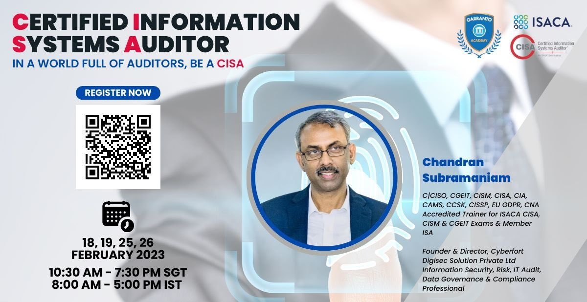 Zilum18's tweet image. I would like to invite you all to upcoming four-day Certified Information System Auditor (CISA) Training this 18-19 &amp;amp; 25-26 Feb, 2023. 
If you are interested contact via DM or Comment.
#CISA #GarrantoAcademy #CISAtraining