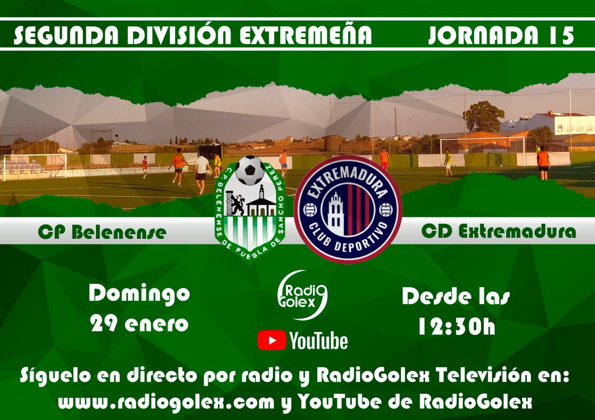 radiogolex's tweet photo. 🟢🎙⚽️ EN DIRECTO
🔴 Este domingo te contamos desde Puebla de Sancho Pérez en DIRECTO por 𝐑𝐚𝐝𝐢𝐨𝐠𝐨𝐥𝐞𝐱 𝐓𝐕 / 𝐑𝐚𝐝𝐢𝐨 el partido entre:
CP Belenense - Extremadura
(@CPBELENENSE vs @CDExt1924 )
Con el Equipazo del #MicroVerde
⏰ Desde las 12:30 horas https://t.co/gIsaErcYnR