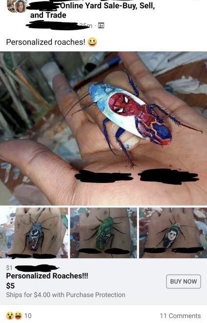 RT @reactjpg: spider-man painted on a roach facebook post personalized roaches for sale https://t.co/rR1G7lD2HQ