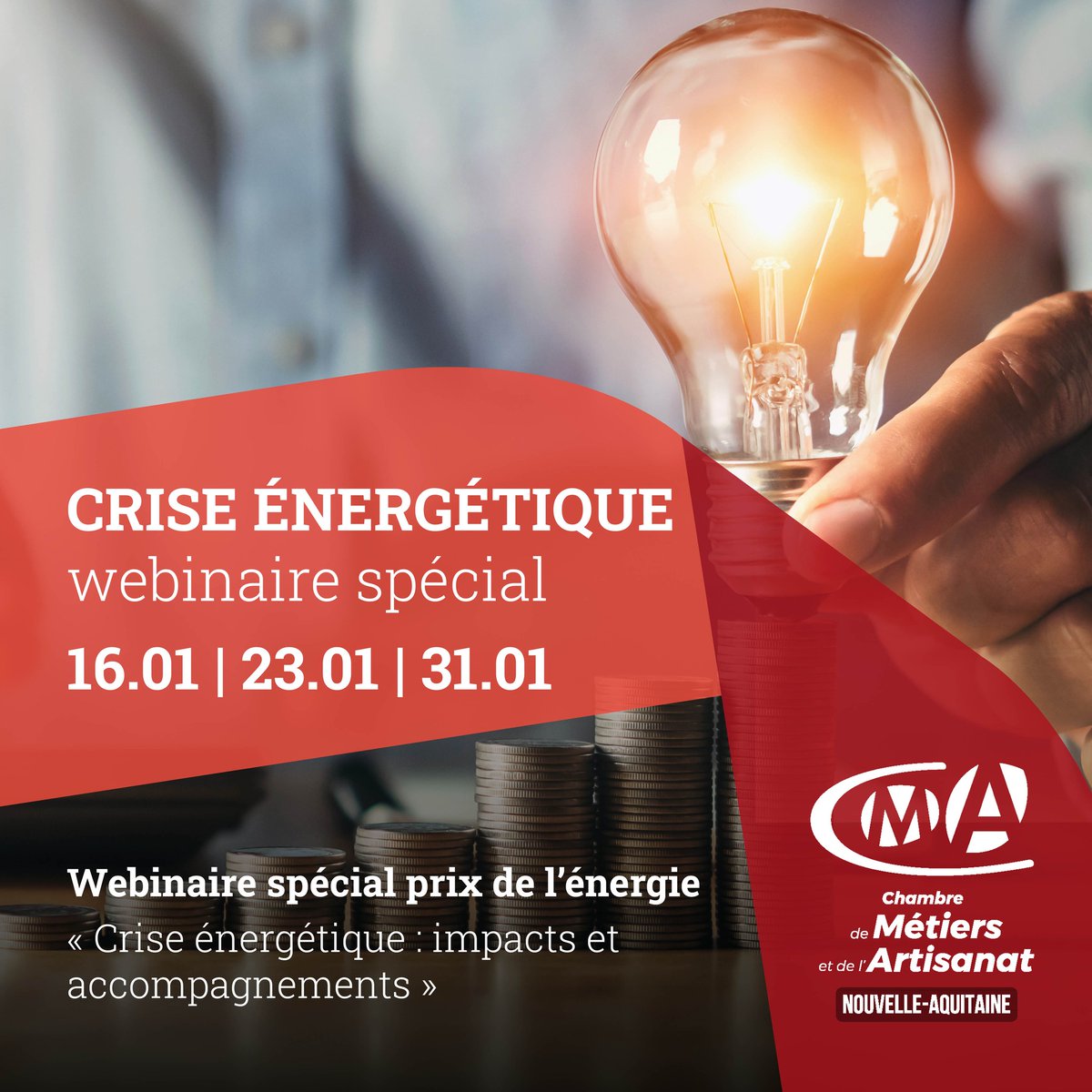 🔌 Webinaire | Crise énergétique : impacts et accompagnements

Vous êtes #artisan et vous êtes inquiet face à la hausse des prix de l'énergie ? Vous souhaitez en savoir + sur les aides de votre CMA ?

Participez au webinaire le 31 janvier de 13h à 14h
👉 cma-na.typeform.com/aides-energie