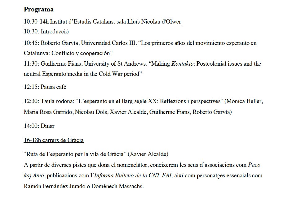 El 2 de març hem organitzat una jornada sobre #Esperanto, #plurilingüisme i moviments socials a BCN amb @MonicaHeller4, <a href="/KsaveroEO/">Ksavero</a> i  <a href="/nicolaudols/">Nicolau Dols</a>. 
Matí de debat a l'IEC i tarda de tour per Gràcia. 
Inscripció: forms.gle/7J7DnGfJSYf7mN…
<a href="/guilhermefians/">Guilherme Fians</a> @LletresUAB <a href="/filoanglesauab/">@FiloAnglesaUAB</a>