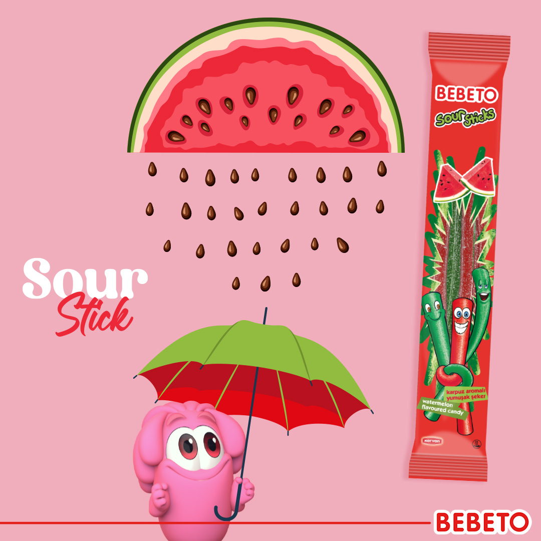 Karpuzlu Bebeto Sour Sticks ile lezzet yağmuru seni bekliyor!

#Bebeto #YumuşakŞeker #EğlenceyiBaşlat #SourStick #Watermelon #Karpuz