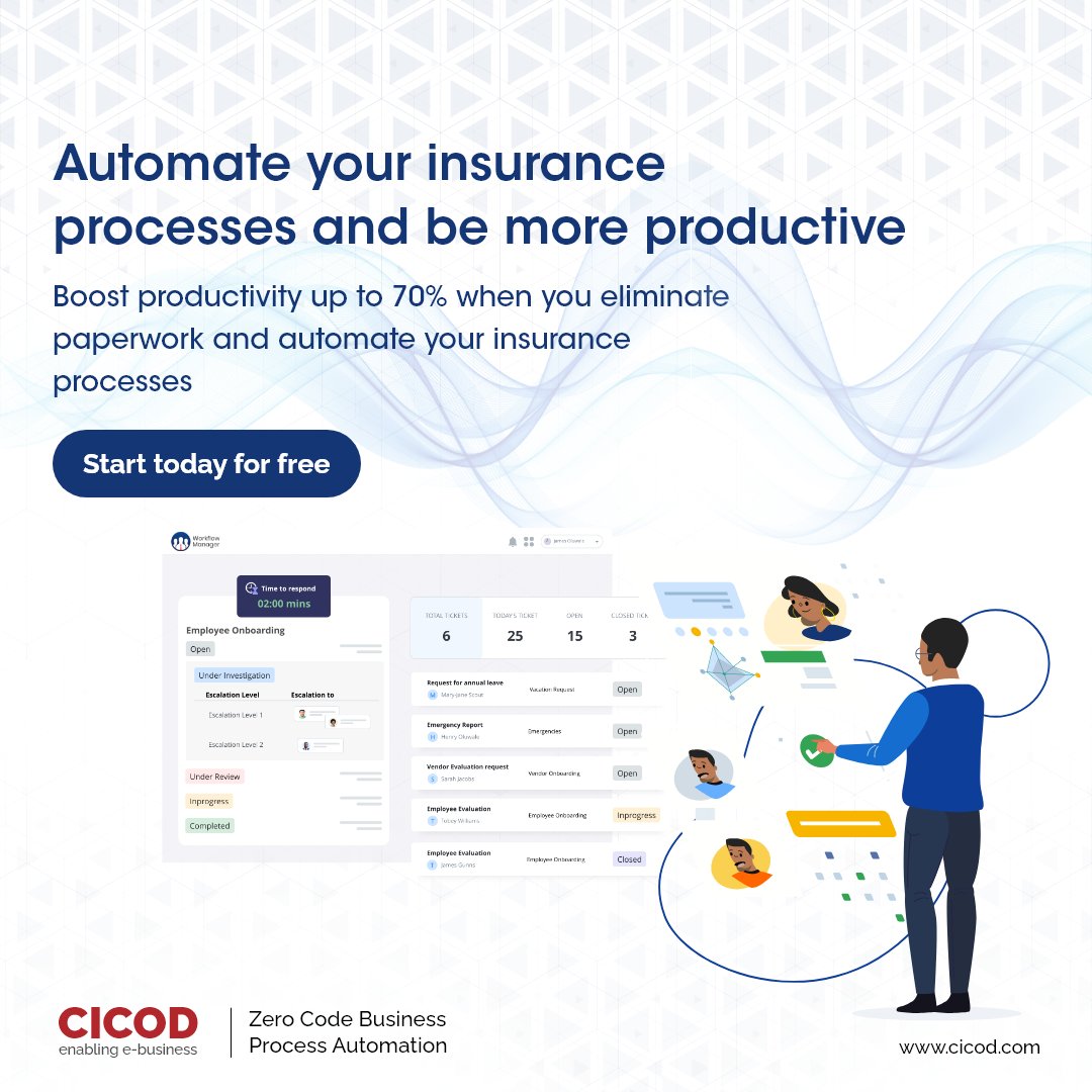 getcicod's tweet image. Automate your insurance processes with our CICOD Workflow manager
Start your 30 day free trial now
zcu.io/vs5W
#automation #workflowtool #generalmanager #operationsmanager #businessmanager #workflowmanager #insurance