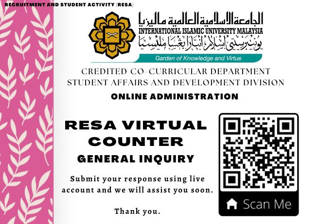 Dear LTIFs &amp; IIUM Students,

Kindly submit your query at RESA Virtual Counter General Inquiry. 

Don't forget to follow us and turn on your notification for fast and reliable update from us.

Instagram; instagram.com/ccciium/
Facebook page; m.facebook.com/Centre-of-Cred…