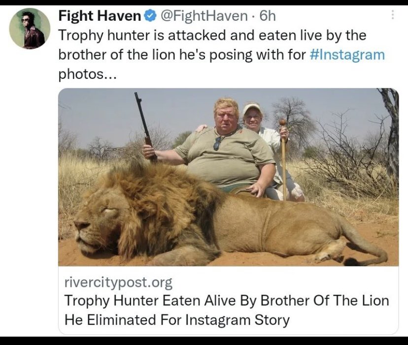 jakeshieldsajj's tweet photo. I’m glad the lion ate him just sad it didn’t get his fat ass wife too https://t.co/kUQ46pH5wV