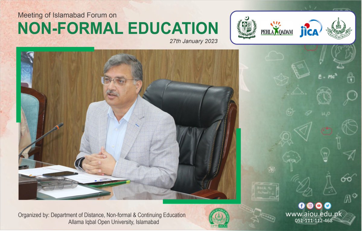 Meeting of Non-Formal Education (NFE) forum Islamabad held at Allama Iqbal Open University today.
#education #EducationForAll #aiou #islamabad #outofschoolchildren #nonformaleducation #learning #aioustudents #aiouactivities #aiou_updates #jica #aqal