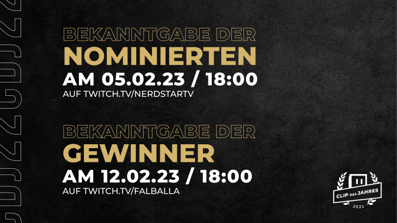 ClipdesJahres's tweet photo. Hier sind die offizielle Termine für die Show dieses Jahr!

05.02. | 18.00h | Bekanntgabe der Nominierten bei @NerdStarTv 

12.02. | 18.00h | Bekanntgabe der Gewinner bei @Falballa7 

Ich freue mich sehr. Gerne teilen! #ClipdesJahres #twitchclips #Twitch #twitchdeutschland https://t.co/1FGNV81tBj