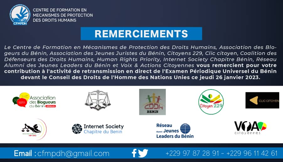 Le <a href="/cfmpdh/">CFMPDH_ONG</a> et ses partenaires,  vous remercient pour votre vos encouragements à la tenue de l'activité de retransmission en direct de l'Examen Périodique Universel du Bénin devant le Conseil des Droits de l'Homme le jeudi 26 janvier 2023.
#CFMPDH
#UPR42
#EPU