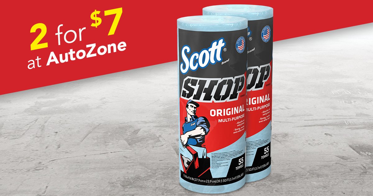 ScottHomeAuto's tweet image. Roll on down to your local @autozone to grab Scott® Shop Towels Original™ Rolls on sale 2/$7!