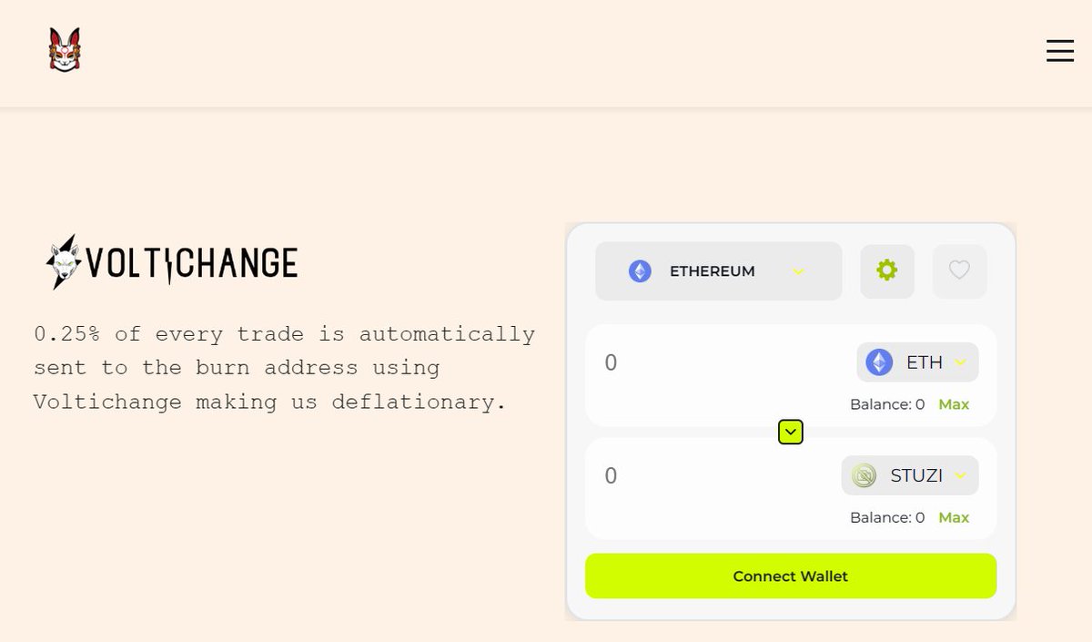 ShibTuzi's tweet photo. We are now listed on Voltichange! 0.25% of every trade is automatically sent to the burn address using #Voltichange making us deflationary. The widget has now been added to our website.
 
@VoltInuOfficial
$STUZI $VOLT #VOLT #STUZI #SHIBTUZI #ETH #MEME #RABBIT2023 #TUZI https://t.co/pmHmfgK6vD