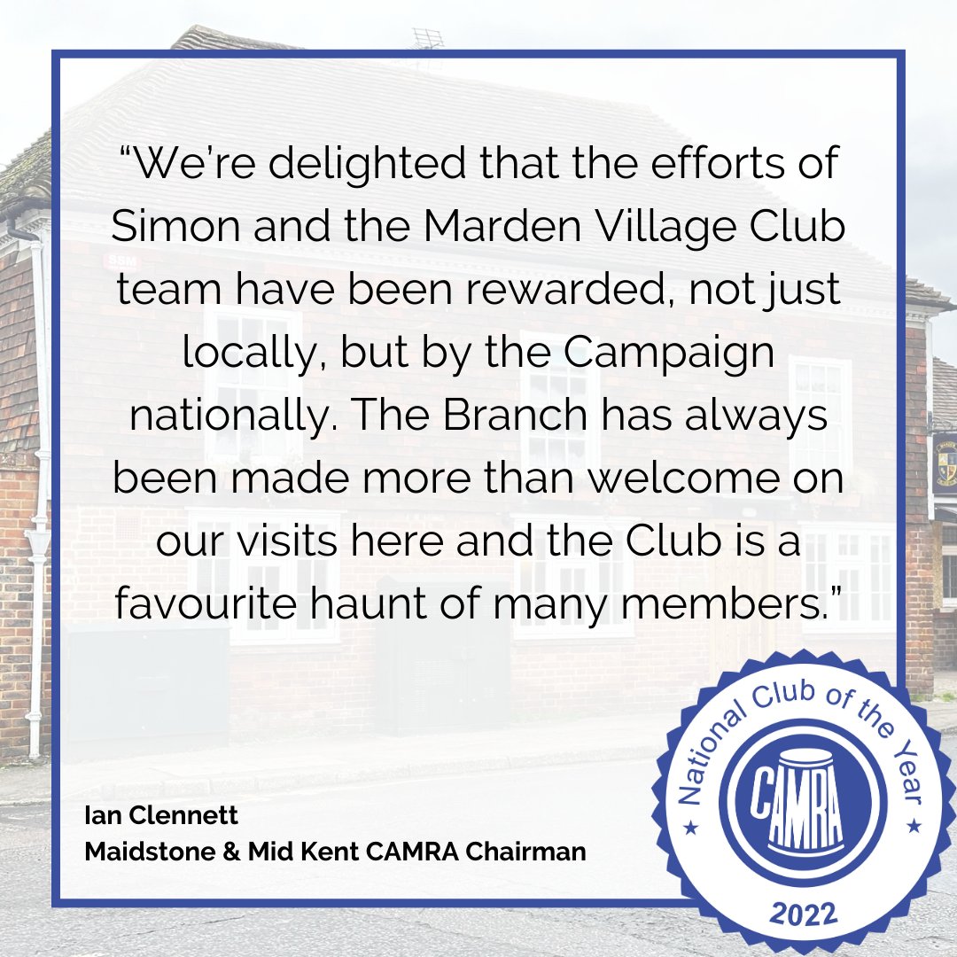 🏆 Commenting on the <a href="/MardenClub/">marden village club</a> in Kent winning CAMRA’s Club of the Year title, see below for a statement from <a href="/MMKCAMRA/">Maidstone & Mid Kent CAMRA</a> Chairman Ian Clennett. 🍺
👏 Congratulations once again to the team behind the fantastic Marden Village Club. 
👉 Read more here: ow.ly/R0T950MC0q7