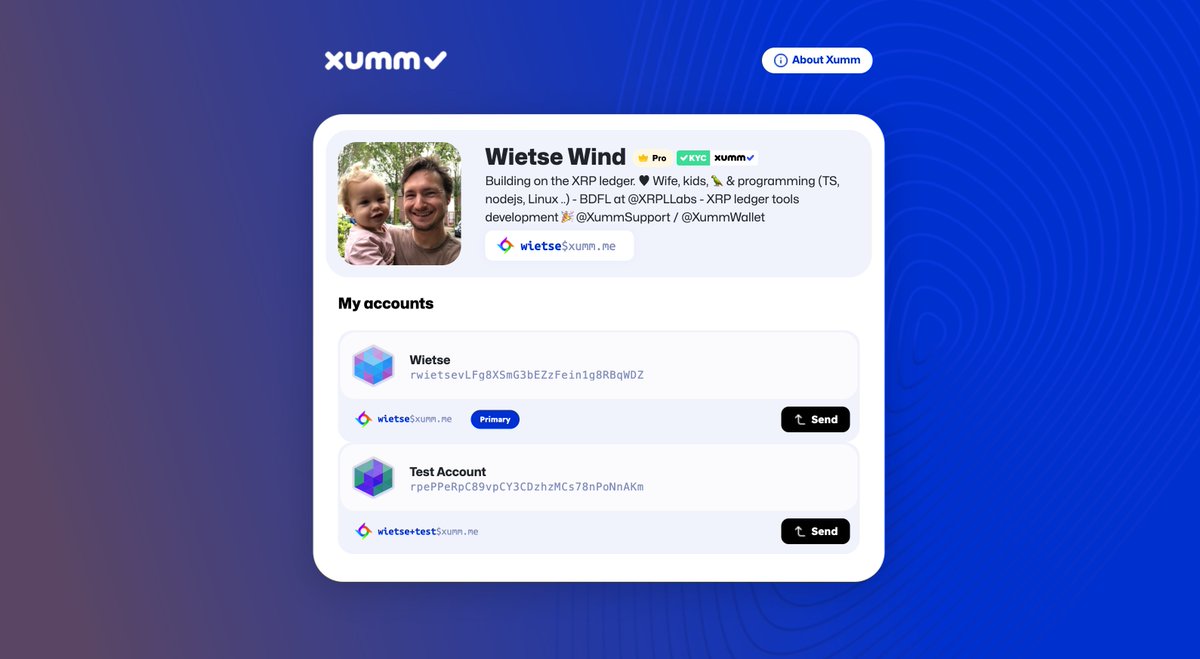 We just launched Xumm Profiles 🎉

Xumm Profiles are still in Beta and (obviously) opt-in. Xumm Pro users can:

- claim a slug ('username')
- upload a profile picture
- select accounts to display on their profile

Example:
xumm.me/wietse