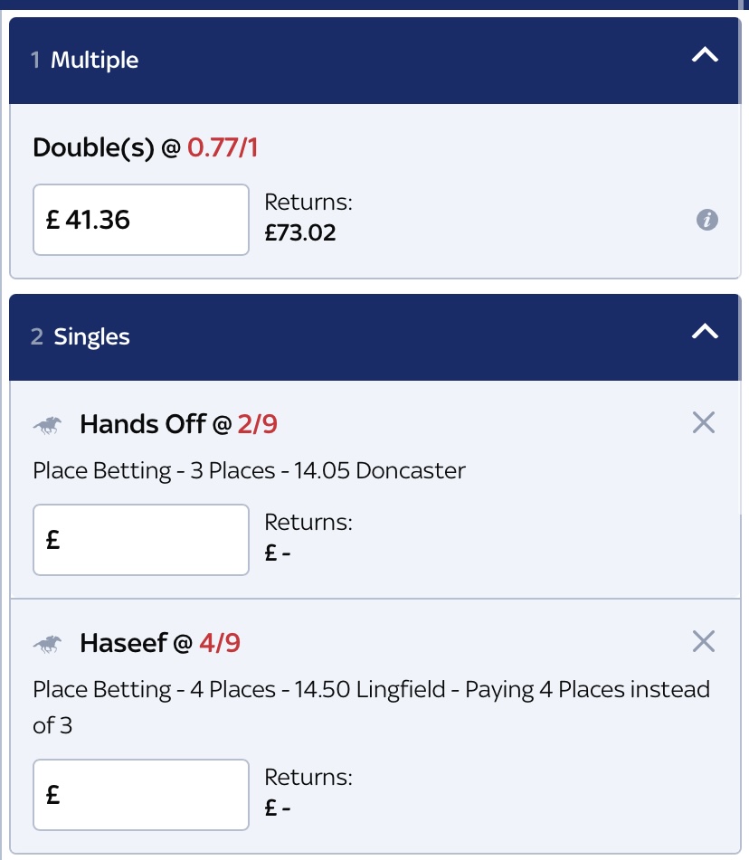 TipsbySoftware's tweet image. £25-£100 Challenge bet 2
Hands off to place in the first 3
Haseef to place in the first 4
£41.36-£73.02
