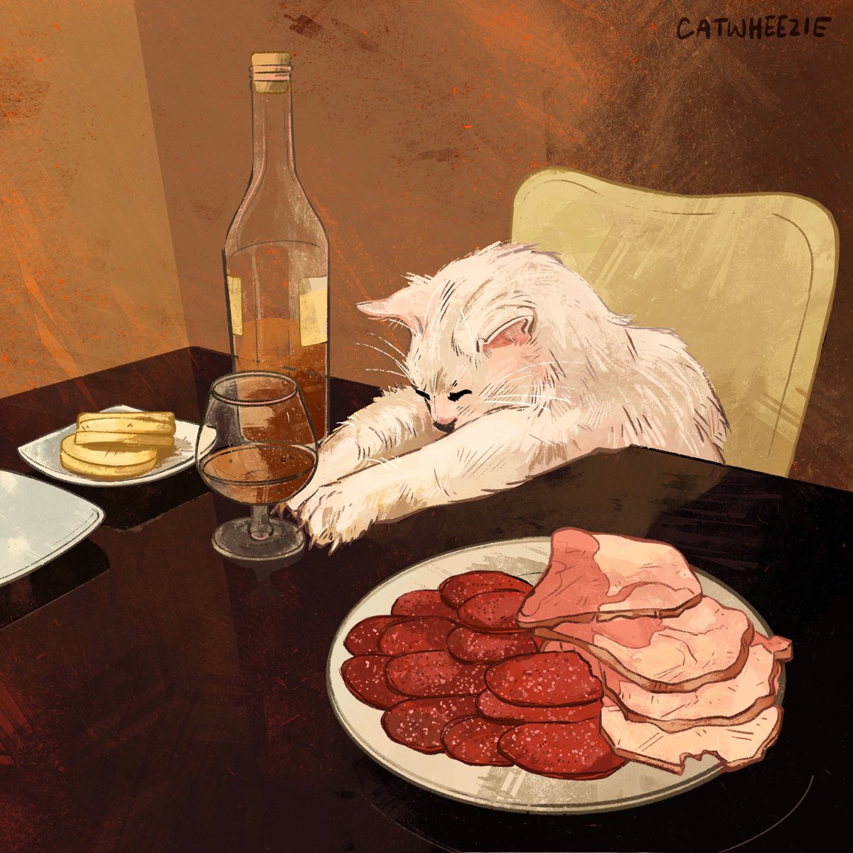 This is one of my favorite cat drawings I've done. I LOVE to draw food, almost as much as I like to draw cats. Actually it might be equal.