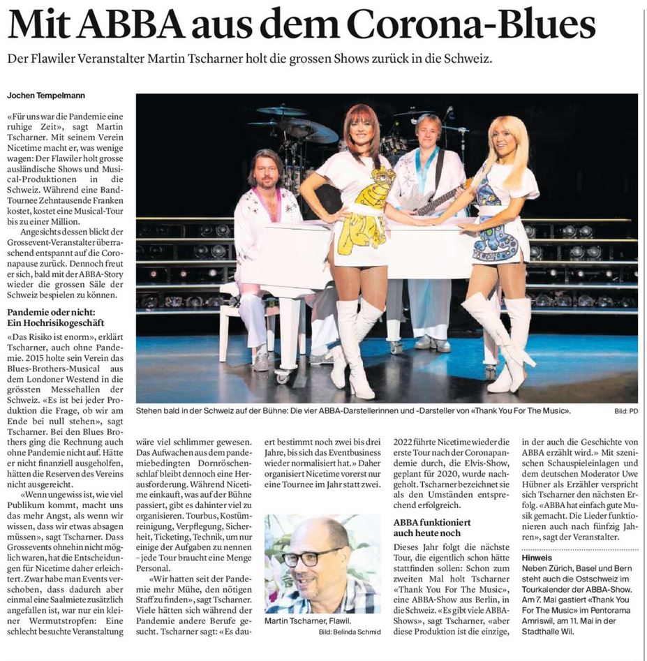 NiceTimeProduc's tweet image. Wiler Zeitung vom 26. Jan. 2023. @WilerZeitung  @tagblatt_ch @DieMitteFlawil @FCFlawil @kantonsg 
@KantonsspitalSG #nicetime #abba #musical