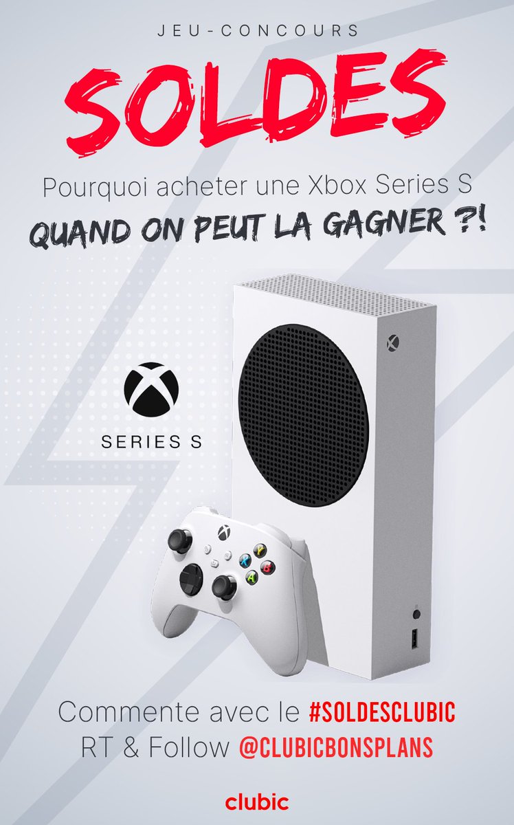 ClubicBonsPlans's tweet photo. #JeuConcours 
Pour les #soldes2023, Clubic t'offre une Xbox Series S, rien que ça ! 

Pour participer : 
✅ RT + Follow @ClubicBonsPlans
✅Commente avec #SoldesClubic

Le TOP des promos juste ici👇
https://t.co/WkGudwM6Bh

TAS le 08/02/23 à 17h ☘ https://t.co/Q3gK88Vido