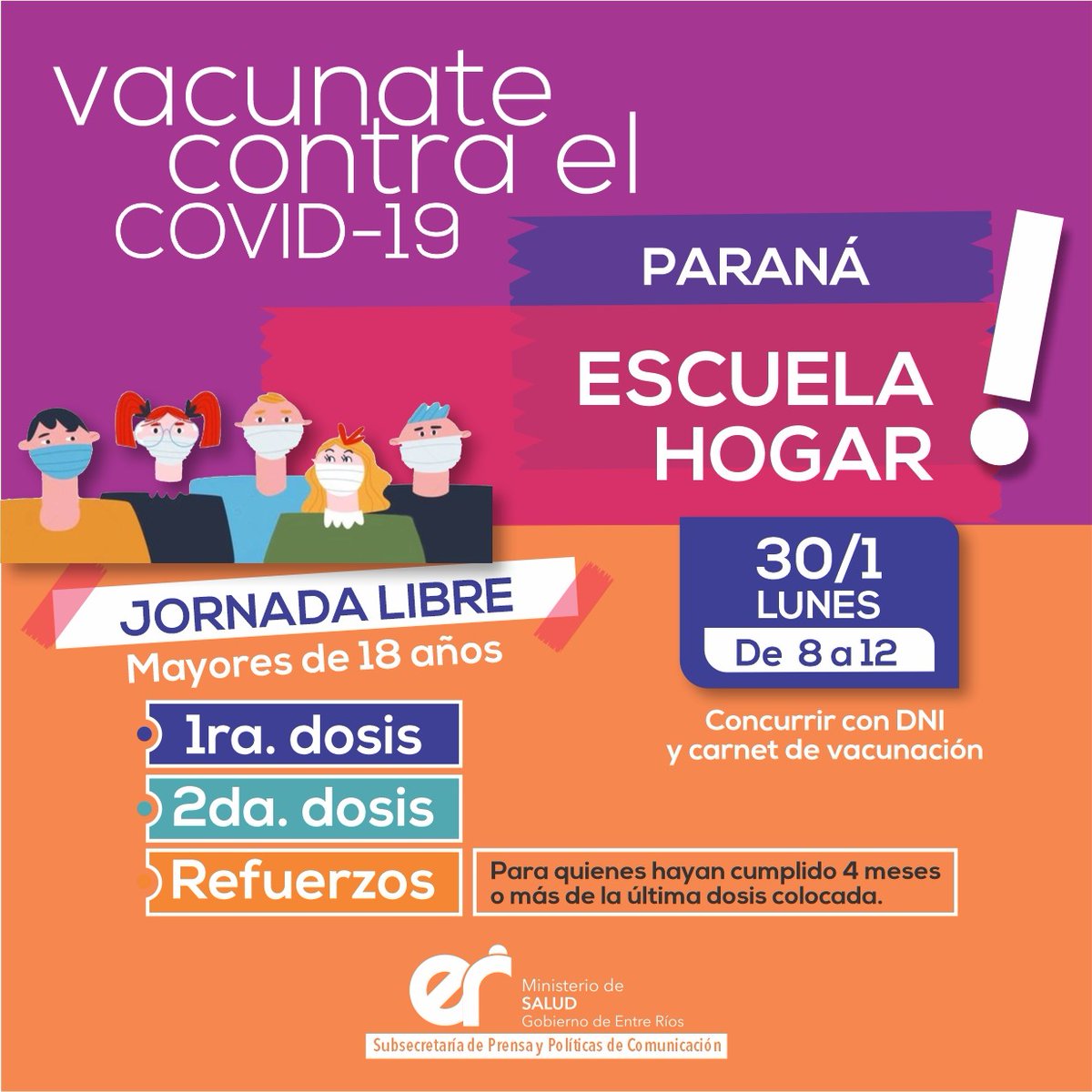 msaluder's tweet photo. Este lunes, vacunate contra el Covid en #Paraná. Acercate a la Escuela Hogar, de 8 a 12. https://t.co/x1KxdgvHvo