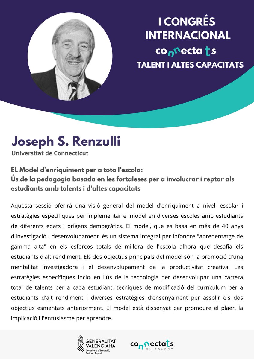 Al llarg d'aquests dies t'anirem compartint informació sobre les meravelloses persones i extraordinaris/es professionals que participaran en el #CICONNECTATS2023
Hui tenim el gran honor de presentar-vos a <a href="/JosephRenzulli/">Joseph Renzulli</a>, referent mundial en matèria d'enriquiment curricular.