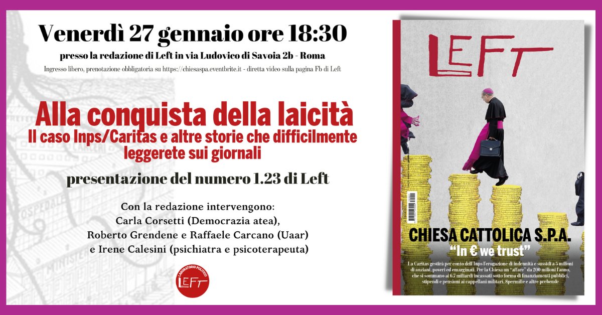 Left_rivista's tweet photo. Presentazione del numero 1.23 di #Left 
#27gennaio 

Info e prenotazioni qui --> https://t.co/7Ql5JM3us7

Diretta video qui --> https://t.co/vOWAb60r6H https://t.co/J66dtM1gBv