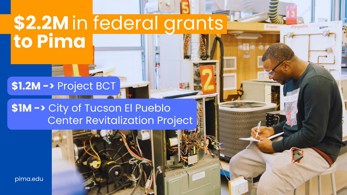 pimatweets's tweet image. #pimacommunitycollege will get federal funds for two projects:
$1.2M for equipment and expenses for  Project BCT, expanding #pimaccworkforce training
$1M for a Hi-Tech/Hyflex @AdultPima #pimaforyouth classroom and computer lab in @cityoftucson El Pueblo Center revitalization.