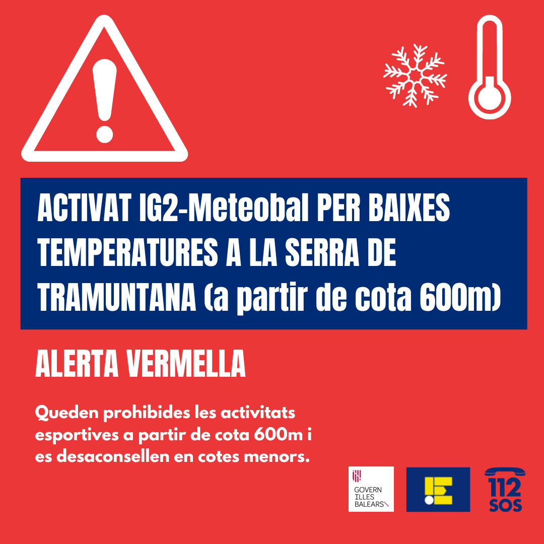 Emergencies_112's tweet photo. 🔴⚠Activat IG2 (alerta vermella) per baixes temperatures a Mallorca (Serra de Tramuntana) a partir de cota 600m. Anau molt alerta.
_______
🔴⚠Activado IG2 (alerta roja) por bajas temperaturas en Mallorca (Serra de Tramuntana) a partir de cota 600m. Id con mucho cuidado. https://t.co/aj8FFPV3ak
