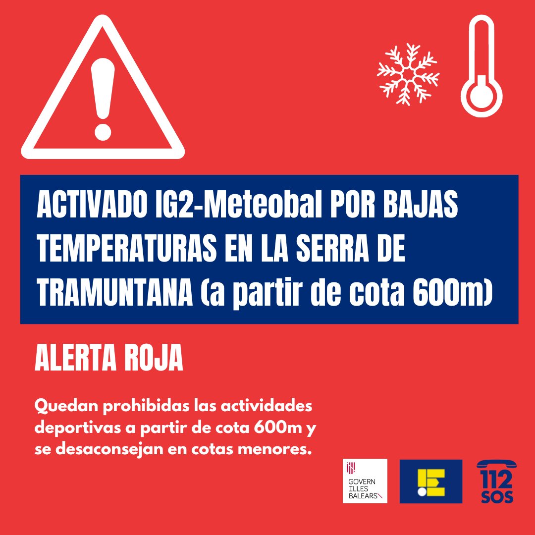 🔴⚠Activat IG2 (alerta vermella) per baixes temperatures a Mallorca (Serra de Tramuntana) a partir de cota 600m. Anau molt alerta.
_______
🔴⚠Activado IG2 (alerta roja) por bajas temperaturas en Mallorca (Serra de Tramuntana) a partir de cota 600m. Id con mucho cuidado.