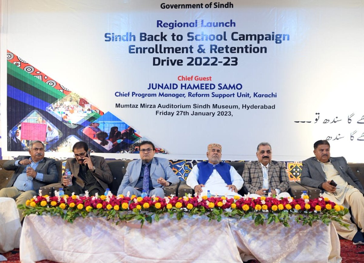 SELD_Sindh's tweet photo. Regional Launch of Sindh Back to School Campaign, Enrollment &amp; Retention Drive 2022-23 Hyderabad Region Held on 27th January 2023 at Mumtaz Mirza Auditorium Qasimabad, Hyderabad.
The Chief Program Manager RSU Dr Junaid Hameed Samo Chief Guest of the event. https://t.co/xg55NvE8Wt