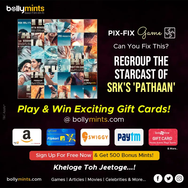BollyMints's tweet photo. #PixFix : Can You Fix This?
Regroup The Starcast Of #SRK's '#Pathaan'
#Game #Special #Fun #ShahRukhKhan #DeepikaPadukone #JohnAbraham #SiddharthAnand #YashRajFilms
#Play And #Win Exciting #GiftCards #Vouchers &amp; #Coupons #Redeem Your #Mints
Let's Start : https://t.co/Hj23y8AAiy https://t.co/zZ1sH52PoA