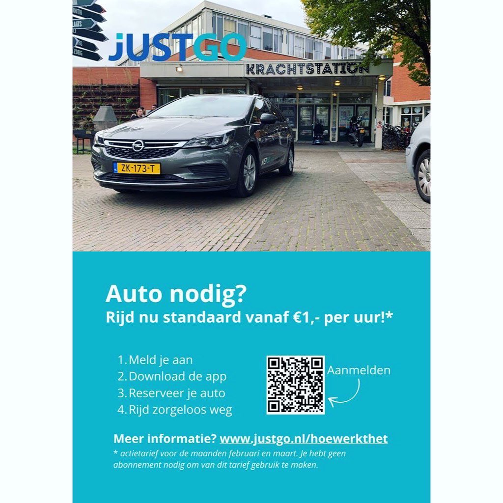 OKanaleneiland's tweet photo. **Auto huren vanaf 1 euro per uur!**
Reserveer nu voor slechts 1 euro per uur een #JustGo auto vanaf locatie het @Krachtstation.U-pas houders ontvangen extra korting op het actietarief. Scan nu de qr-code om je aan te melden! 
#autohuren #kanaleneiland @GemeenteUtrecht https://t.co/pjqJTKKYNR