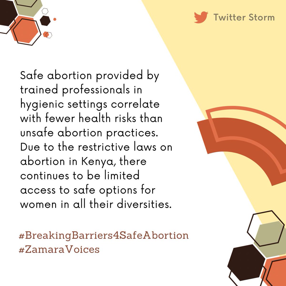 Safe abortion provided by trained professionals in hygienic settings correlate with fewer health risks than unsafe abortion practices.
@Zamara_fdn
@rhnkorg 
@MarieStopesKe 
@YourAuntyJane 
@Nimechanuka 
@NAYAKenya 
@TICAH_KE 

#BreakingBarriers4SafeAbortion 
#zamaravoices