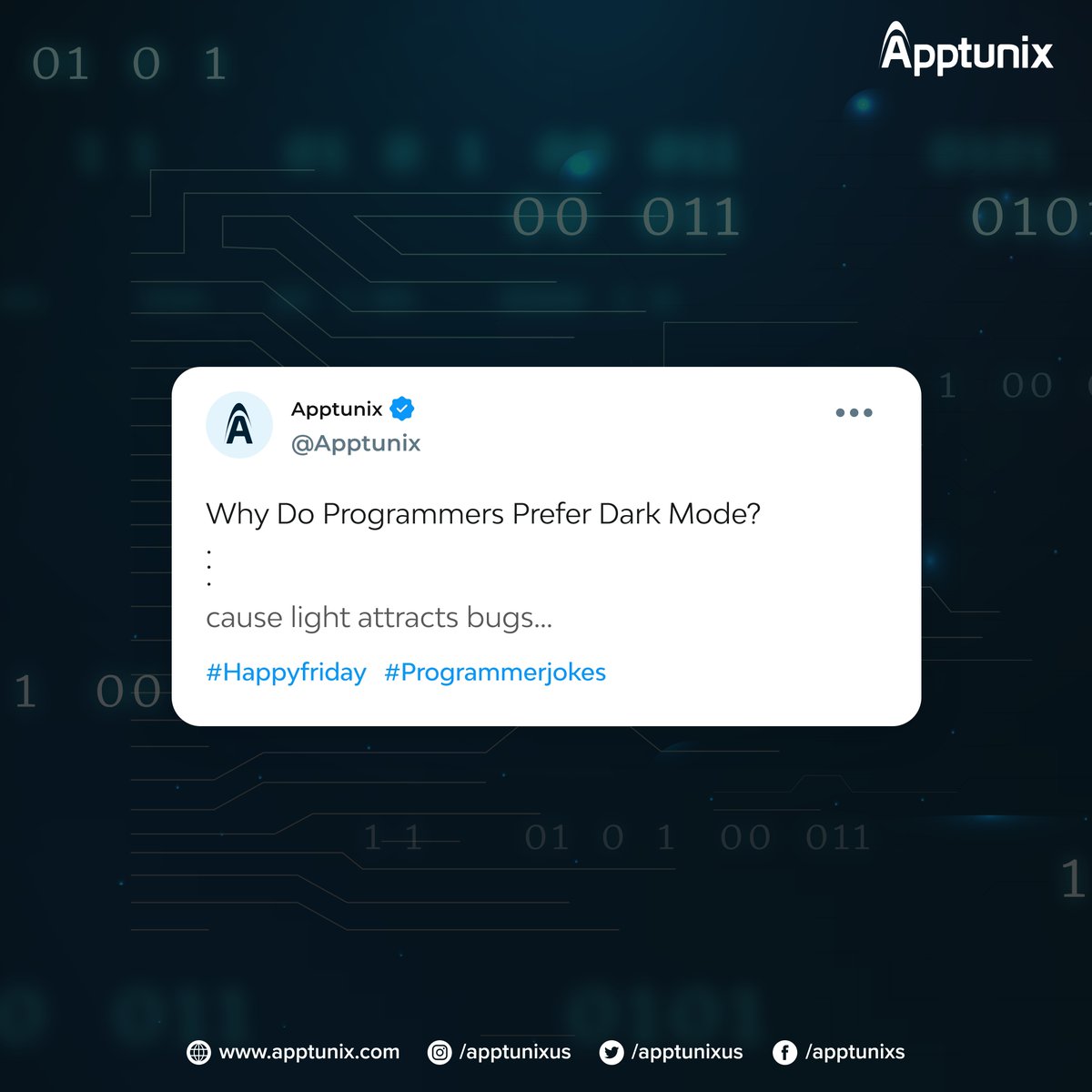 ApptunixUS's tweet image. Fun-Friyay - Activate Your Weekend Mode With Apptunix! 

PS: We don’t trust developers who code in light mode.
.
.
.
#programmerhumor #fridayfun #programmerjokes #developershumor #developersjokes #jokefriday #tweets #apptunix #apptuners