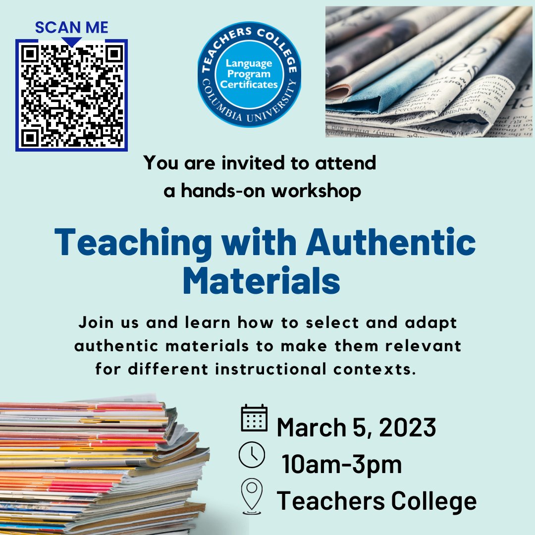 ColumbiaALTESOL's tweet photo. Need help working with authentic materials? Be sure to attend our TESOL Certificate Program's workshop led by #ALTESOLstudent Yuna Seong. @NYSTESOL @AAALinks https://t.co/BfF1l8wPFs
