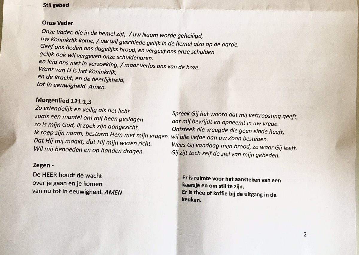 Vanmorgen vroeg om 7:30 uur zat een groepje mensen weer klaar voor het ochtendgebed in het #Stadsklooster aan de Schepenstraat 69. Er werd gebeden, men was stil, en ook werd er gezongen. Onder andere...