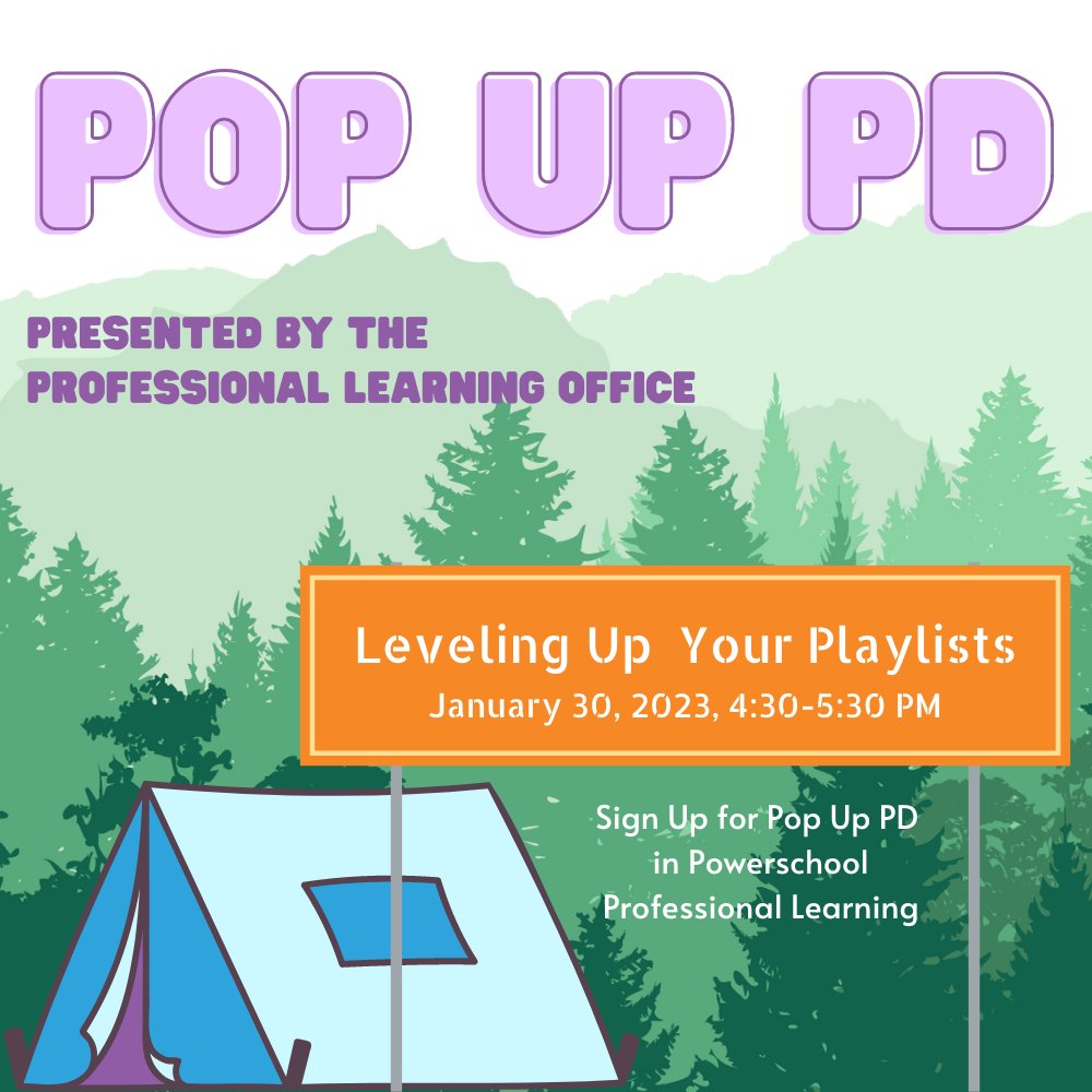Hey <a href="/LCPSOfficial/">LCPS News</a> Ts! Check out our next #PopUpPD on January 30th - Leveling Up Your Playlists! #DeeperLearningforAll #lcps23 Sign up in PowerSchool Professional Learning now!