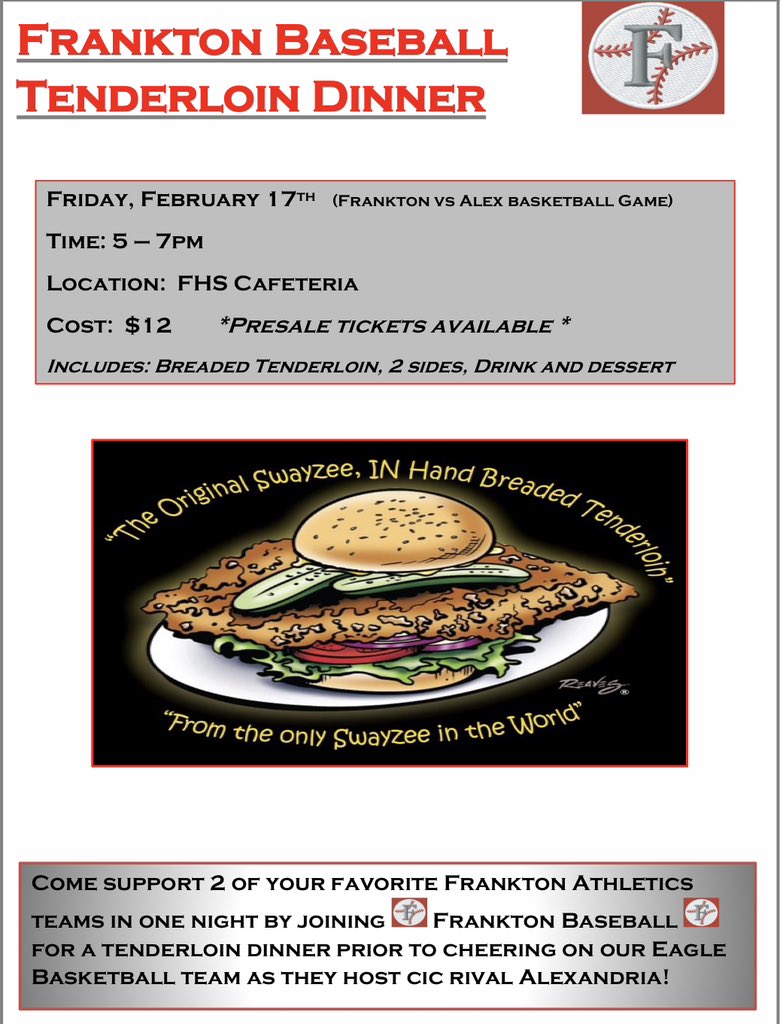 ⚾️ Tenderloin Fundraiser ⚾️ 
Friday, February 17th
5-7pm @ FHS Cafe
Tickets: $12 Available now through any player or Coach. 
#LGE
