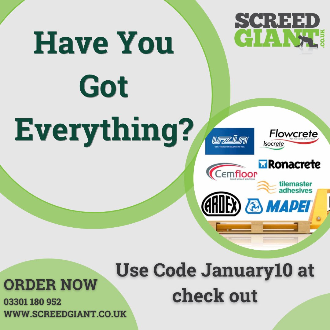 screedwarehouse's tweet photo. Have you got everything?
If not, now is your time to get 10% off all products at Screed Giant.
Don’t miss out, place your order online.
https://t.co/yRuSCxvEo2
Get It Done With Screed Giant.
#screed #tiling #floorleveling #toolsandequipment #underfloorheating #project https://t.co/FDAIW2r3Mw