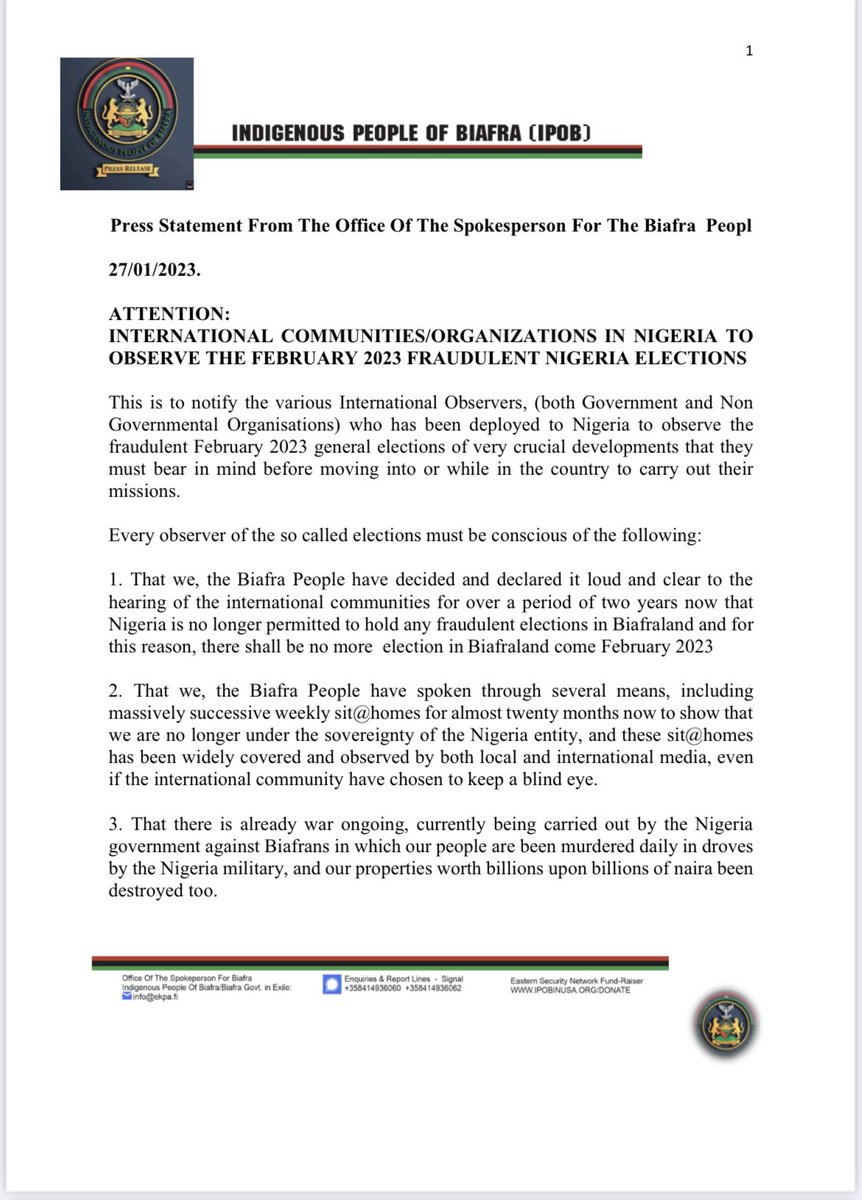 simon_ekpa's tweet image. Any attempt by the Nigeria terrorist government to apply force in order to conduct this fraudulent elections in Biafraland will receive equal resistance from Biafra people.
Also if any helicopter flies and bomb our territory going forward it must be downed.