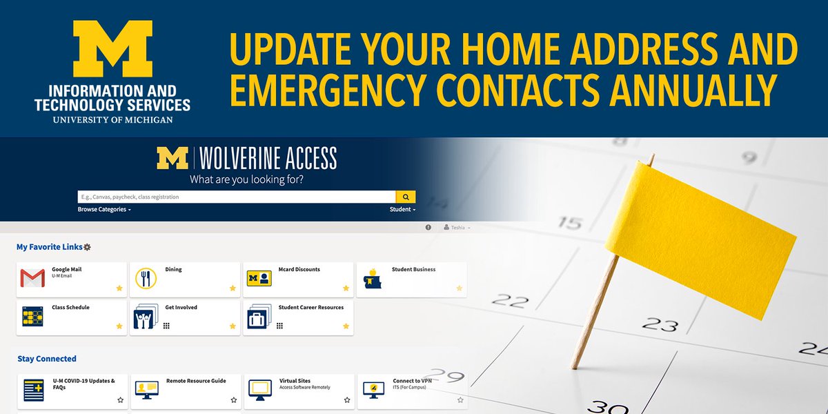 umichTECH's tweet photo. .@UMichStudents: Whether in an emergency or for administrative purposes, it’s essential for @UMich officials to be able to communicate with you. Review your address and emergency contacts the next time you visit #WolverineAccess. cc: @umichdpss https://t.co/tVQtdGvlZD https://t.co/6kXC2VZ9as