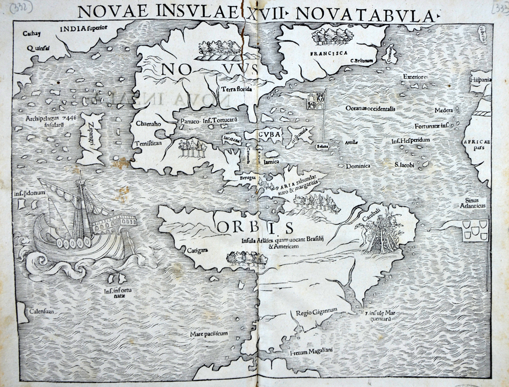 bibperpignan's tweet photo. Cartes et atlas dans les collections anciennes : exposition Salle Patrimoine. 
La médiathèque conserve deux éditions du 16e siècle de la Géographie de Ptolémée. Ici une édition de 1540 imprimée à Bâle avec une carte de l'Amérique https://t.co/yH3KVojFjG
