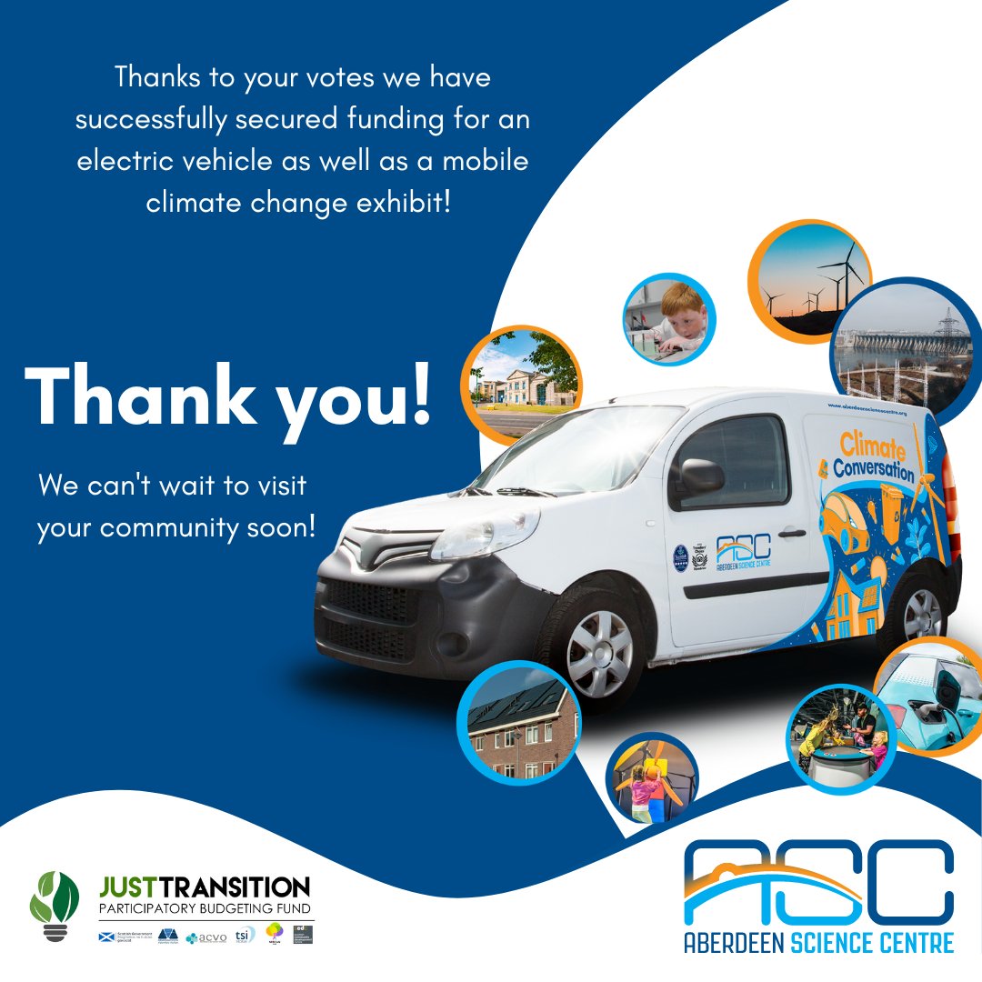 We have successfully secured funding from the #JTPBFund! Distributed by @Aberdeen_ACVO and @NESCANhub, this @scotgov fund will allow us to bring the #climateconversation into your community in a new electric vehicle. Thank you to everyone in Aberdeen who voted for us!