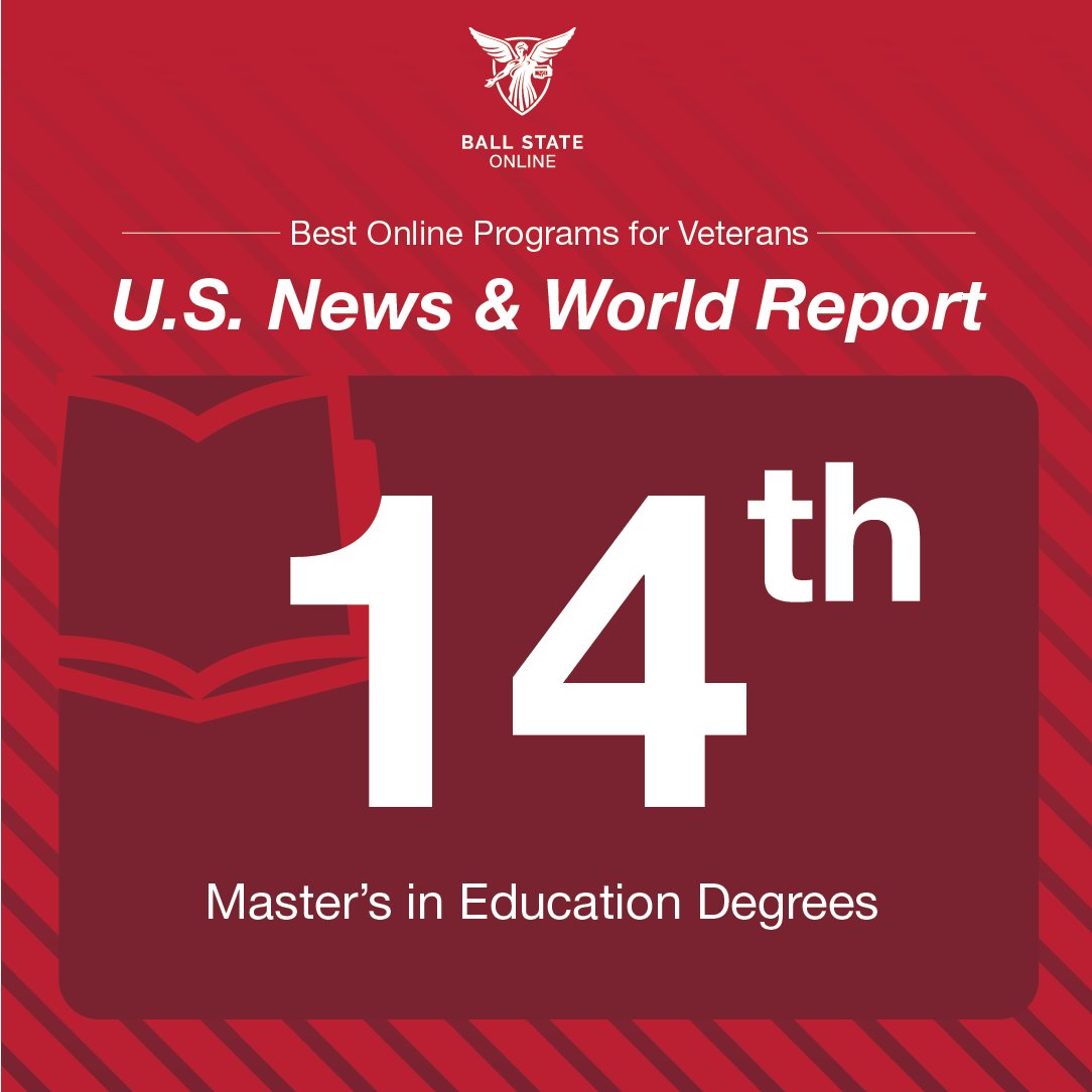 BallStateOnline's tweet image. We’re proud to announce that @USNewsEducation has ranked the following @BallState online programs as #BestOnlinePrograms for military veterans.  

🏆 14th in Graduate Degrees in Education  

🏆 21st in MBA 

#BallStateOnline