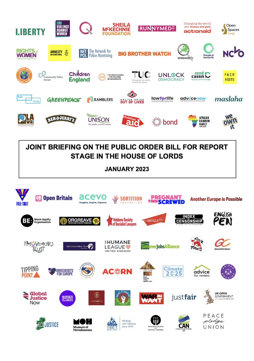 📣 Protest is not a gift from the state – it is a fundamental right.
 
With 73 other campaign organisations, groups and charities, we're calling on <a href="/UKHouseofLords/">House of Lords</a> to vote down the #PublicOrderBill’s anti-protest measures today!
 
➡️libertyhumanrights.org.uk/wp-content/upl… <a href="/libertyhq/">Liberty</a>