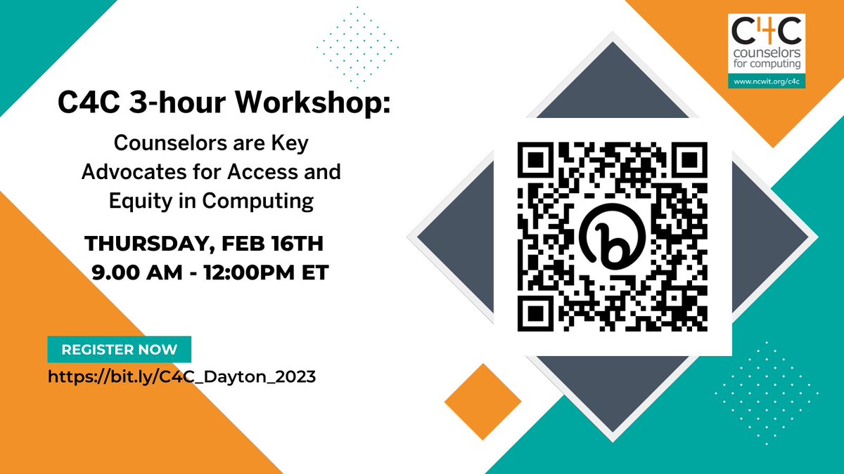 Join @NCWITC4C on 2/16/23 for a half-day workshop: How School Counselors and those in student advising roles can increase access and equity in Computer Science Careers! Register: bit.ly/C4C_Dayton_2023  
Learn more: bit.ly/ResourceBooklet