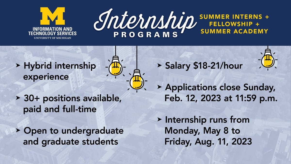 umichTECH's tweet photo. If you’ve been holding out on attending a #UMichITSInterns informational session, now is your chance! Register for our final sessions this week and learn more about how we can help propel your career in #tech: https://t.co/EhhfAv0ZDP #SummerInternship #UMichTech https://t.co/d93x3yUmxZ