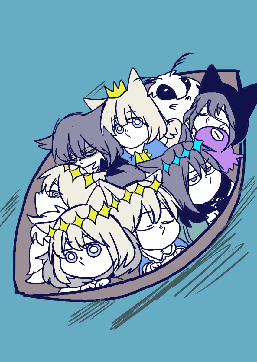 oberon (fate) crown multiple boys blue background wings animal ears closed eyes black hair  illustration images