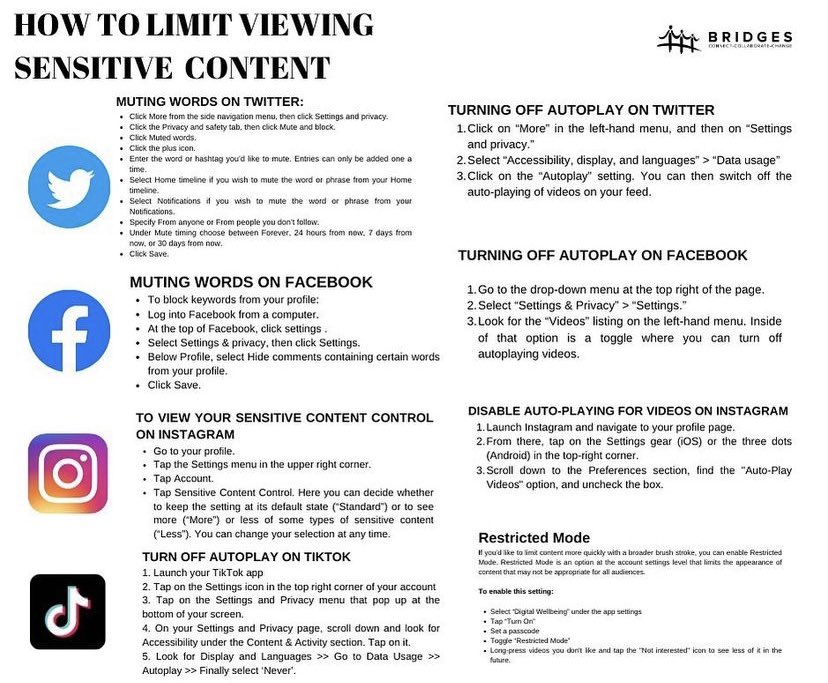 Respect2Connect's tweet photo. In light of local news, if you would like to prevent seeing sensitive content on social media platforms, then look at the second graphic for how to limit viewing this content. #Help #Healing #Hope https://t.co/AYLlkcG55x
